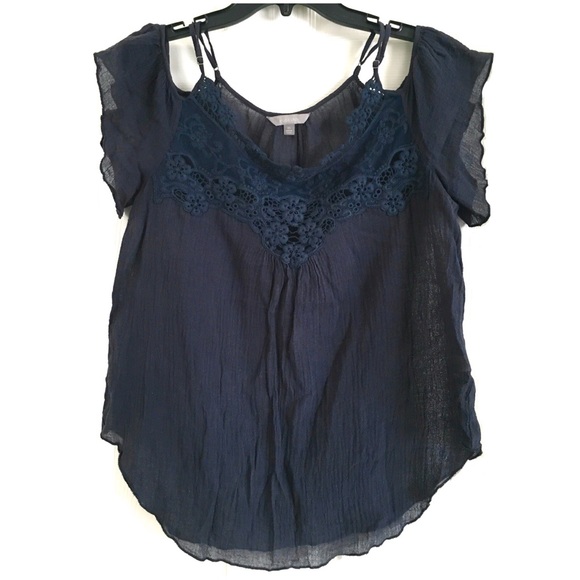 NORDSTROM Rubbish Blue Crochet Cold Shoulder Top - Picture 3 of 8